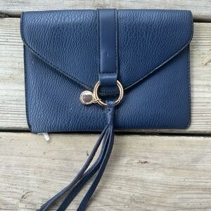 Poppy & Peonies Navy Small Clutch Passport Holder Pebbled Vegan Leather Fringe